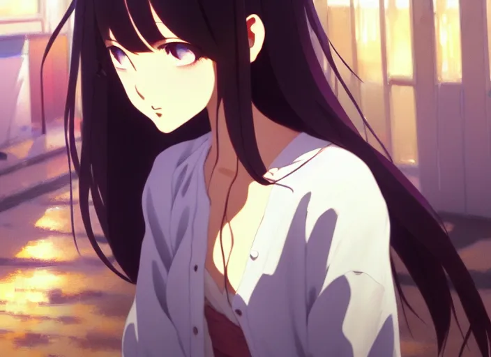 Image similar to a film still portrait of a very beautiful girl crying, finely detailed features, closeup at the faces, perfect art, at a market, night time,, gapmoe yandere grimdark, trending on pixiv fanbox, painted by greg rutkowski makoto shinkai takashi takeuchi studio ghibli, akihiko yoshida