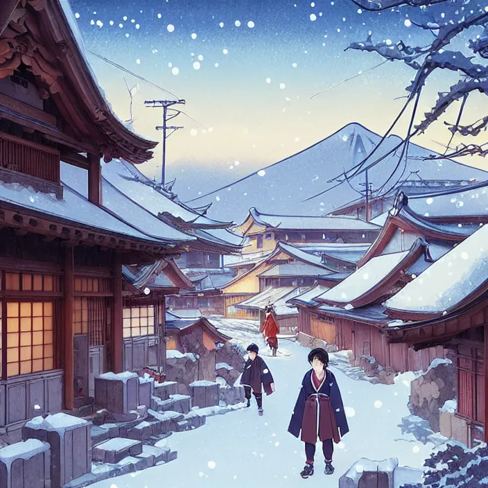 Image similar to japanese rural town, winter, in the style of studio ghibli, j. c. leyendecker, greg rutkowski, artem