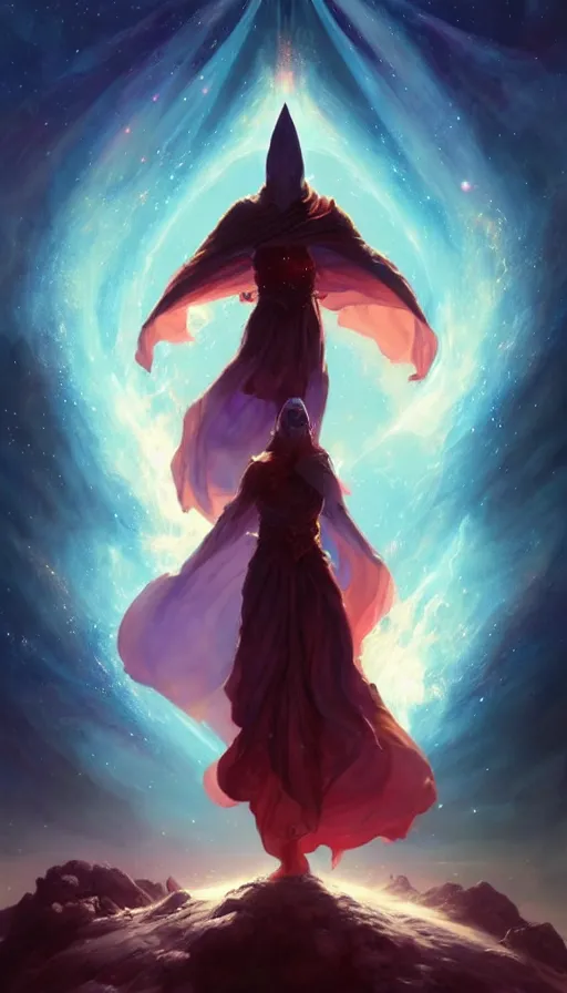 Image similar to god with a cape, epic scene, colors, holy, full body, galaxy, and, stars, atmosphere, unreal engine, pixar, video game, ethereal, insanely, detailed, volumetric, symmetrical, concept art, peter mohrbacher, charlie bowater, unreal engine, artstation, cinematic, video game, digital painting, artist maena
