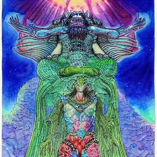 Prompt: marduk, devourer of worlds, detailed watercolor art by moebius on dmt and shrooms