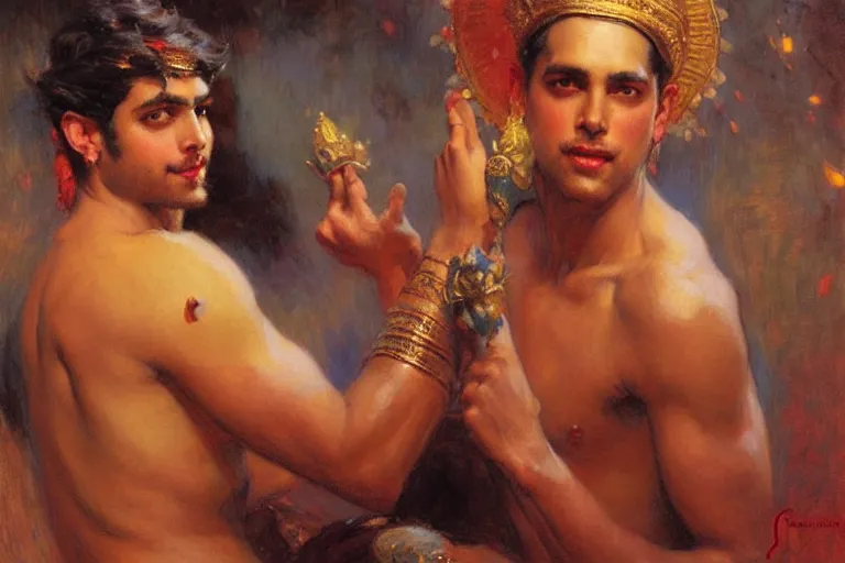Image similar to attractive male, hinduism, painting by gaston bussiere, greg rutkowski, j. c. leyendecker