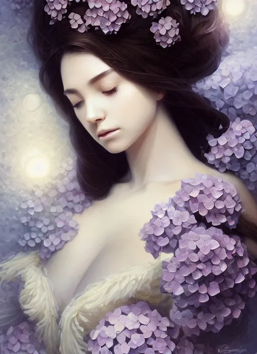 Prompt: a photographic portrait of a seductive sleeping anthropomorphic hydrangea blossom with a perfect face, fantasy, wind blowing hair, intricate, elegant, very very highly detailed, digital painting, artstation, concept art, smooth, super sharp focus, illustration, art by artgerm and greg rutkowski and fuji choko and viktoria gavrilenko and hoang lap