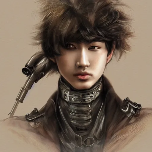 Image similar to portrait of a man by ayami kojima, japanese, he is about 2 0 years old, black short hair with bangs, he is wearing a steampunk tactical gear, highly detailed portrait, digital painting, artstation, concept art, smooth, sharp foccus ilustration, artstation hq