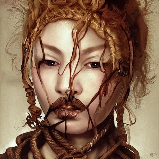 Image similar to portrait of a Shibari rope wrapped face and neck, headshot, insanely nice professional hair style, dramatic hair color, digital painting, of a old 17th century, old cyborg merchant, amber jewels, baroque, ornate clothing, scifi, realistic, hyperdetailed, chiaroscuro, concept art, art by Franz Hals and Jon Foster and Ayami Kojima and Amano and Karol Bak,