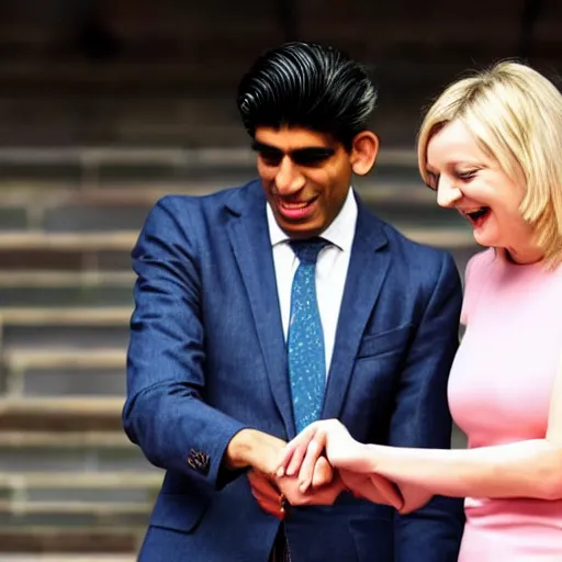 Image similar to rishi sunak and liz truss playing rock paper scissors ,