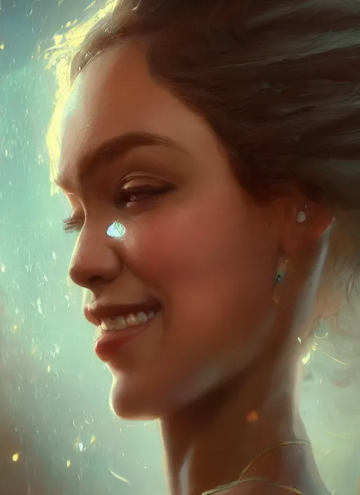 Prompt: hyper realistic photography portrait of beautiful smiling goddess girl cinematic, vallejo, full shot, craig mullins greg rutkowski, artstation, cgsociety