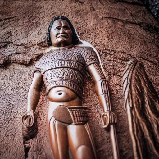 Image similar to a scenic view of a Maori warrior statue made with etched wood, long lens, depth of field, detailed, texturized