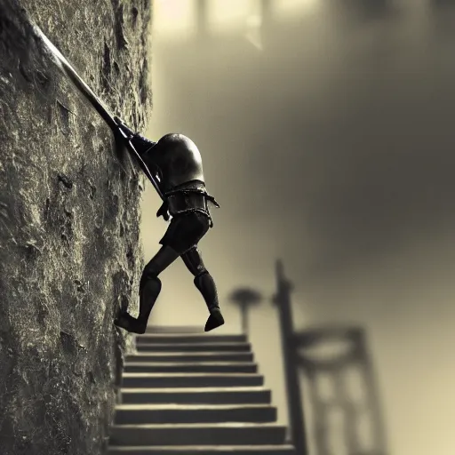 Image similar to a lone knight climbing a staircase to the final enemy, cinematic, 8 k resolution, tense, dark, cloudy, intense, complex, high detail