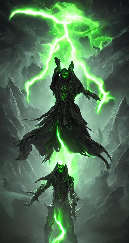 Prompt: illustration of dark priest holding green lightning, black halo, evil, power, green mist, scary, photorealistic, unreal engine, hellish background , Mtg , Dnd ,