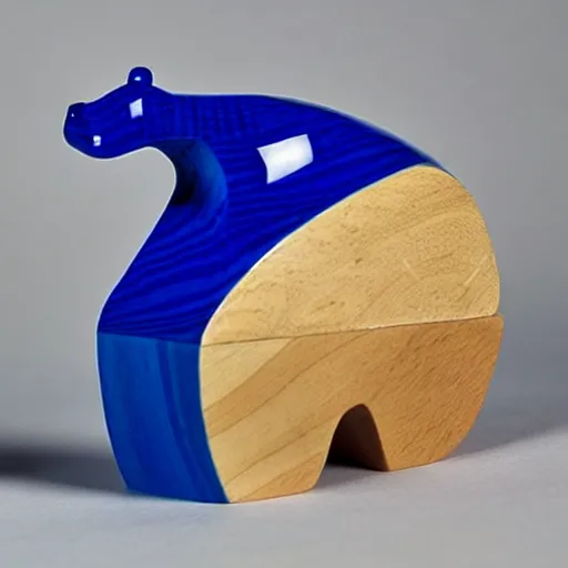 Prompt: a beautiful!!!!! minimalist curvy shaped small sculpture of hippopotamus!!!, ( ( wood ) ) and ( ( blue epoxy ) ), cubic blocks mix stripes cuts, side view profile centered