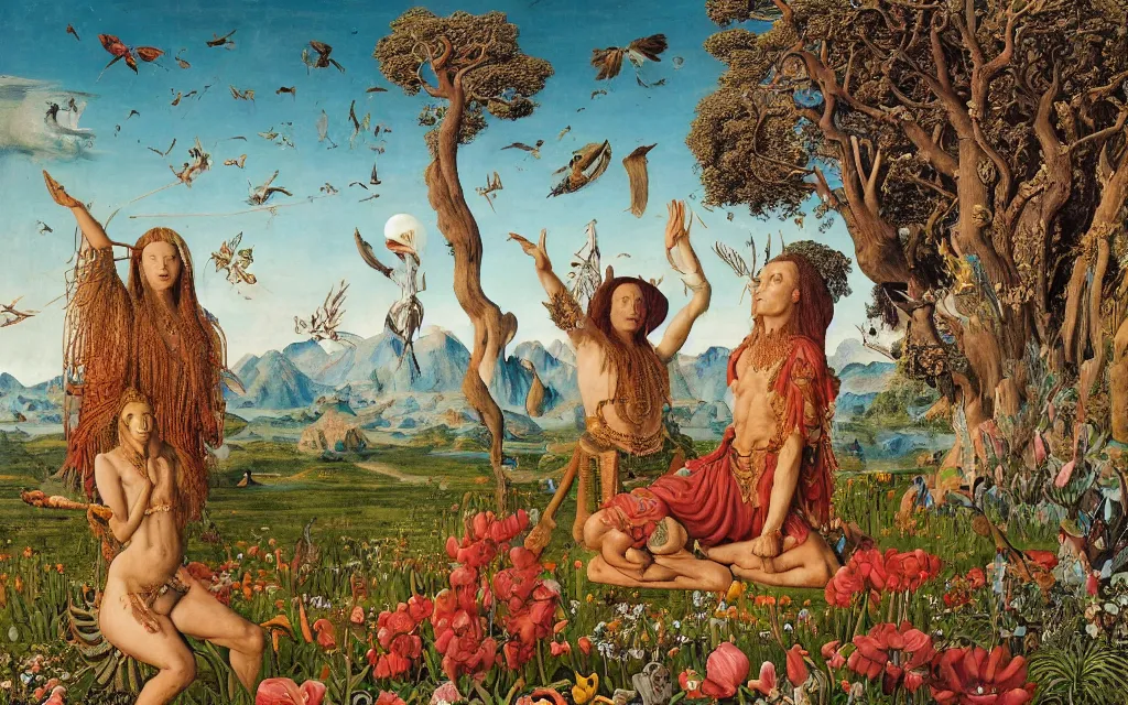 Prompt: a portrait photograph of a meditating sphinx and a centaur king riding birds at a river delta. surrounded by bulbous flowers, animals, trees. mountain range under a vast blue sky of burning stars. painted by jan van eyck, max ernst, ernst haeckel and ernst fuchs, cgsociety, artstation, fashion editorial, 8 k