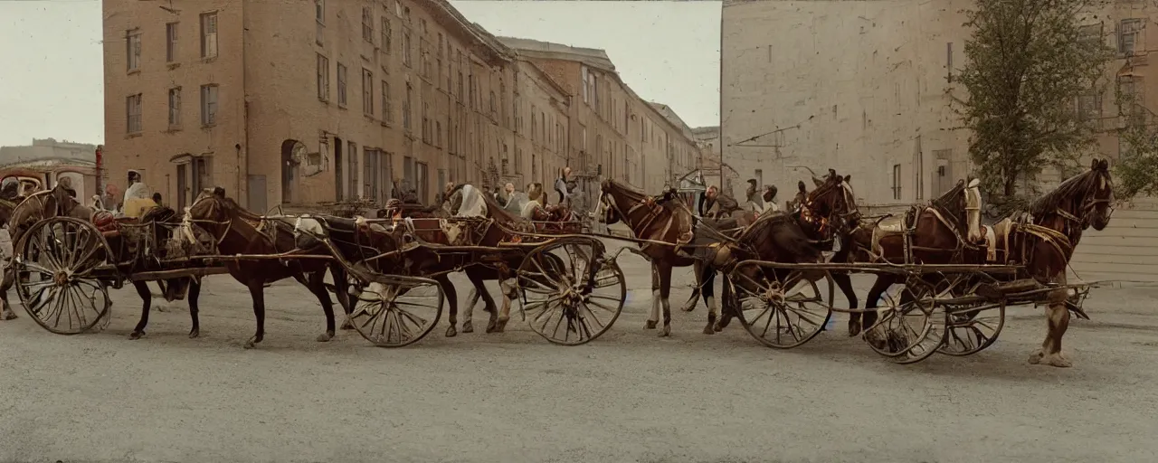 Prompt: 1 8 0 0 s horse drawn carriage carrying spaghetti to a factory building, daguerreotype, ultra - realistic faces, fine detail, anon 5 0 mm, wes anderson, kodachrome, retro