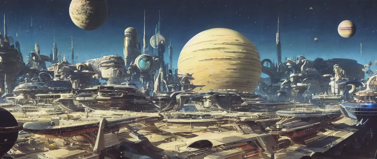 Image similar to a futuristic retro futurism solarpunk space city on a moon orbiting a gas giant by robert mccall and john berkey | ralph mcquarrie :. 5 | unreal engine :. 3