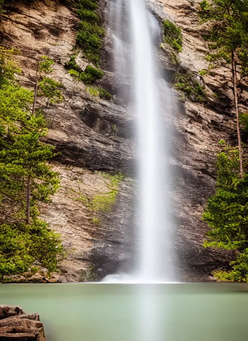 Prompt: waterfall falling into a lake, cliff, trees, photograph, landscape photography, sigma, sony, 5 0 mm, award winning, soft focus