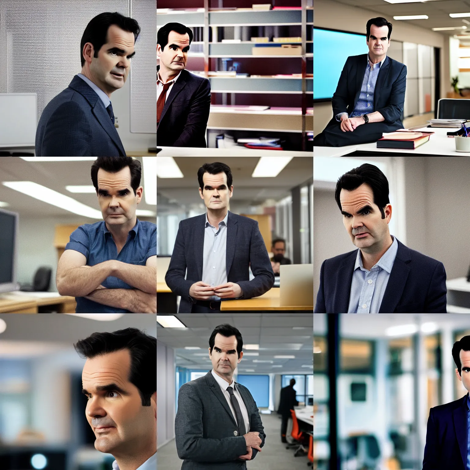 Prompt: still from TV series, Jimmy Carr, working in an office, depth of field, bokeh