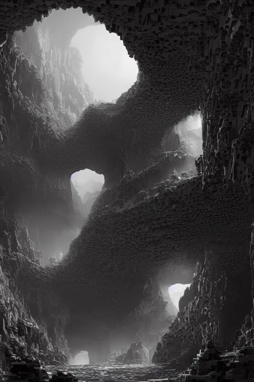 Prompt: a cave in lego design. highly detailed. intricate. mist. rim light. photorealistic. matte painting. monochrome. atmospheric. octane render. imagined by pablo carpio and greg rutkowski. low angle wide shot.