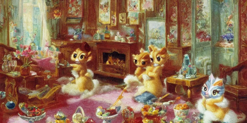 Image similar to 3 d littlest pet shop animals, sitting on pillows, eating fruit, decadence, parlor, sitting room, czech republic perfume bottles, delectable delights, sugar, powdered sugar, pastels, dream, mid shot, master painter and art style of noel coypel, art of emile eisman - semenowsky, art of edouard bisson