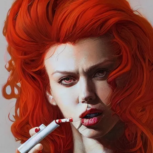 Prompt: a beautiful artwork portrait of a woman with white shirt and red hair smoking a cigarette by Jerome Opeña, featured on artstation
