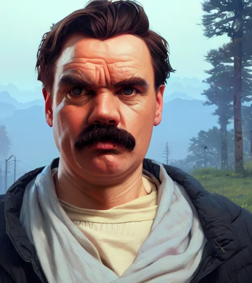 Image similar to Highly detailed portrait of Nietzsche in GTA V, Stephen Bliss, unreal engine, fantasy art by Greg Rutkowski, Loish, Rhads, ferdinand knab, Makoto Shinkai and Lois van baarle, ilya kuvshinov, rossdraws, Tom Bagshaw, global illumination, radiant light, detailed and intricate environment