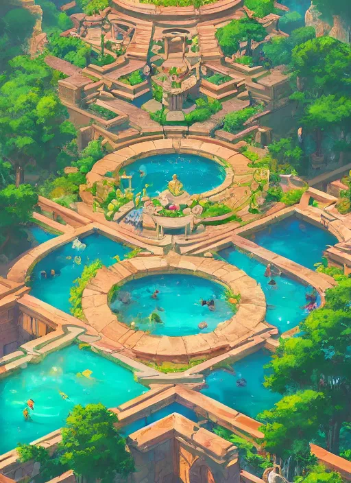 Prompt: aerial view of a palace garden with pools leading to a roman palace, glorious, epic scene, beautiful, in the style of artgerm, makoto shinkai, atey ghailan and mike mignola, vibrant colors and hard shadows and strong rim light, plain background, comic cover art, trending on artstation