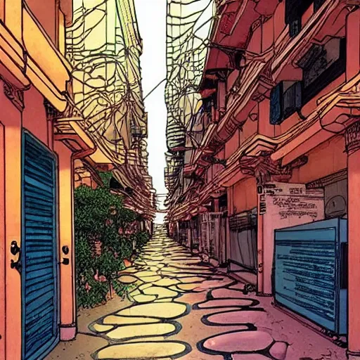 Prompt: an alley in singapore, art by moebius