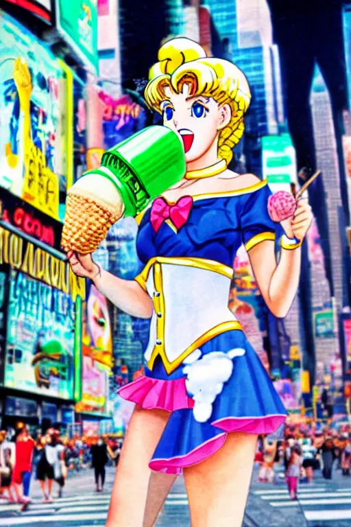 Image similar to Sailor Moon eating an ice-cream cone with green ice-cream, walking down New York Time Square, high detail, realistic