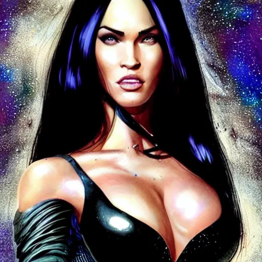 Image similar to portrait of megan fox as zartanna, wearing a tight black latex dress with galaxy lights and stars, sultry muscular body, fantasy, intricate, elegant, highly detailed, digital painting, artstation, concept art, matte, sharp focus, perfect face symmetry, illustration, art by aenaluck and roberto ferri and greg rutkowski, epic fantasy, digital painting