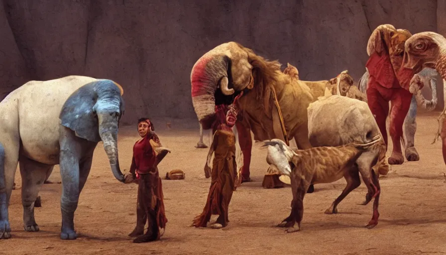 Prompt: movie still by alejandro jodorowsky of a circus with animals in the desert, cinestill 8 0 0 t eastmancolor technicolor, high quality, very detailed, heavy grain, fine facial features, 8 k, octane render