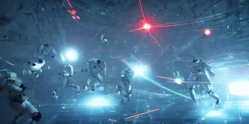 Image similar to futuristic spacemen firing lasers in zero gravity, skintight suits, floating, floating polygon shapes as obstacles, surrounded by a laser grid, unreal engine, lensflares, low perspective