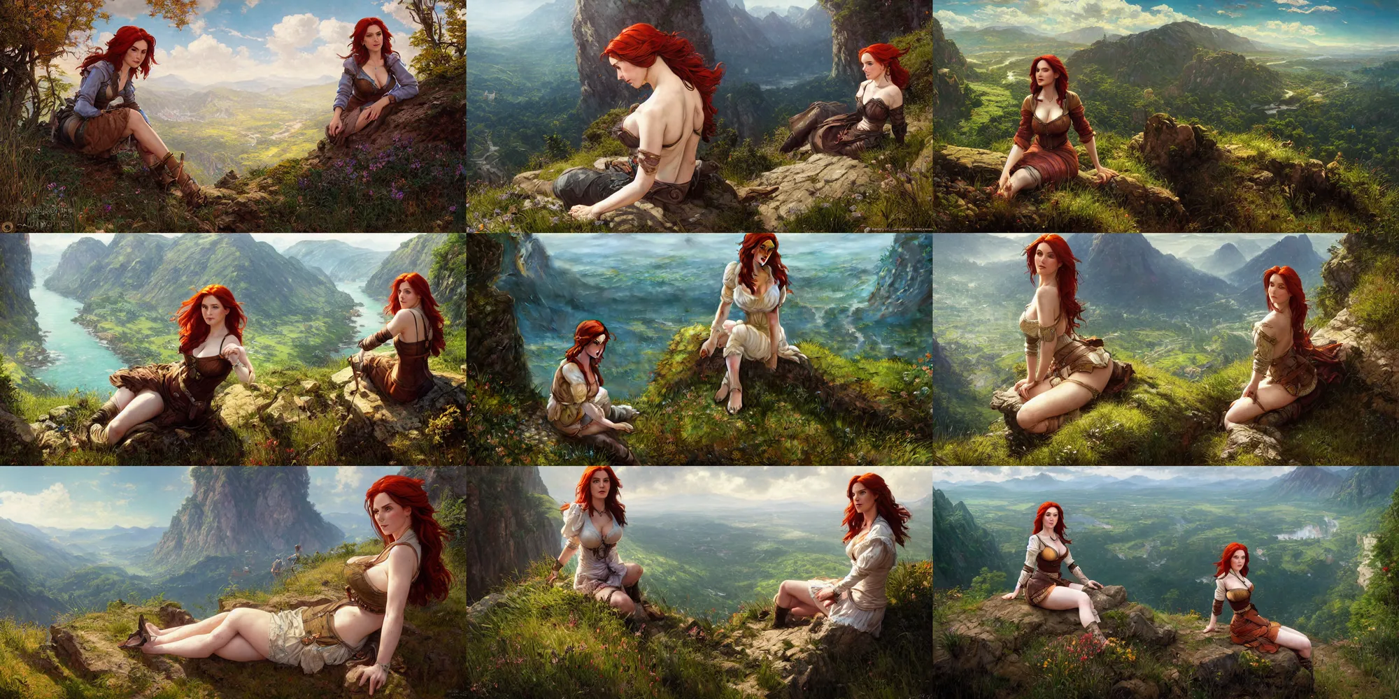 Prompt: [alluring wide-angle portrait of (Triss from the Witcher 3) sitting on the edge of a cliff overlooking a fantasy valley], very detailed, realistic, by Stanley Artgerm Lau, greg rutkowski, thomas kindkade, alphonse mucha, loish, norman rockwell J.