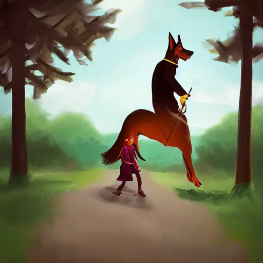 Prompt: girl riding a giant doberman at the park, trending on artstation