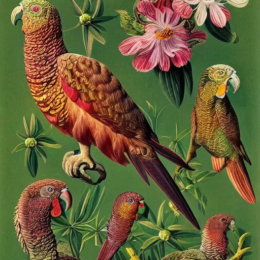 Image similar to beautiful elegant ernst haeckel fauna illustration of many greek cheek conures and flowers