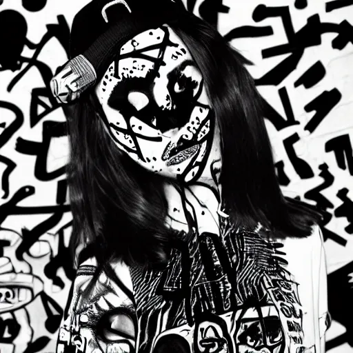 Image similar to zef design black and white color scheme, graffiti, cute characters, die antwoord