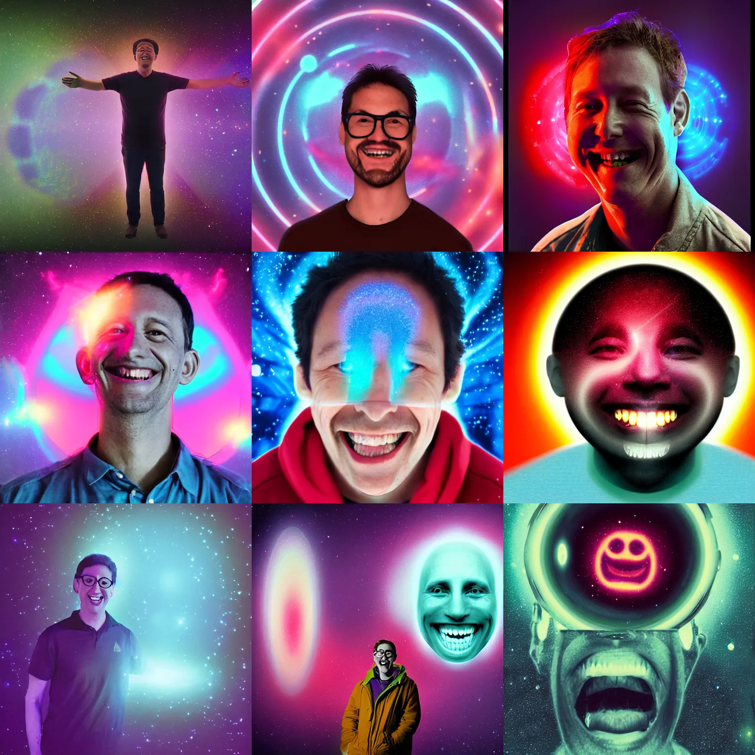 Prompt: a person with a large smile on his face, a hologram by Neil Blevins, reddit, holography, cosmic horror, sci-fi, lovecraftian