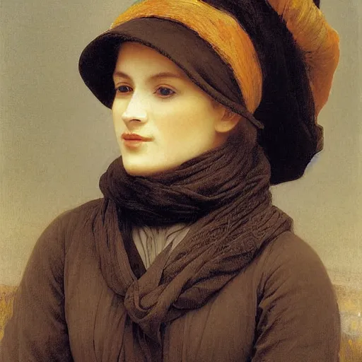 Image similar to A portrait of a fox wearing a scarf and a boater hat by Robert Cleminson and William-Adolph Bouguereau, painting of a fox in a hat