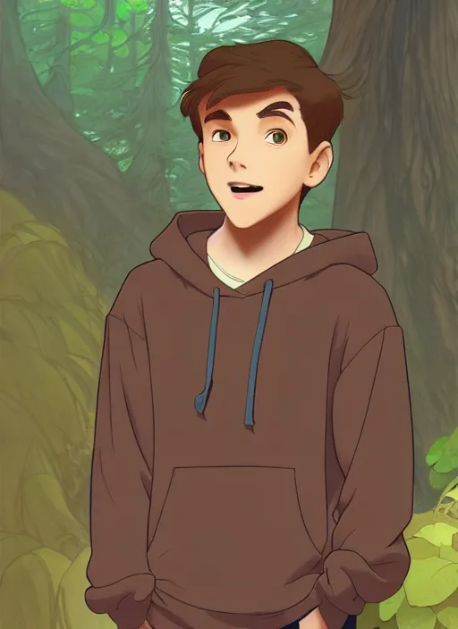 Prompt: teen boy with short brown hair, wearing a hoodie, hood up, natural lighting, path traced, highly detailed, high quality, cartoon, digital painting, by don bluth and ross tran and studio ghibli and alphonse mucha