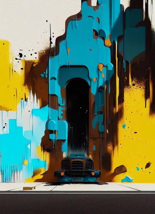 Image similar to matte painting extreme offset 3 d calligraphy graffiti mural dripping paint wall extreme maximalism by atey ghailan, by greg rutkowski, by greg tocchini, by james gilliard, by joe fenton, yellow, brown, black and cyan color scheme, octane render