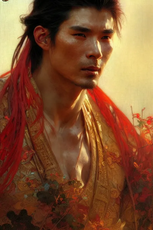 Image similar to attractive man, wuxia, colorful, painting by gaston bussiere, craig mullins, greg rutkowski, alphonse mucha