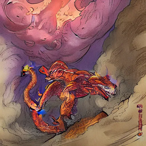 Prompt: ginger man in a purple t-shirt fights a fire breathing dragon in a room filled with dragon eggs, painted, by Yongjae Choi, high fantasy