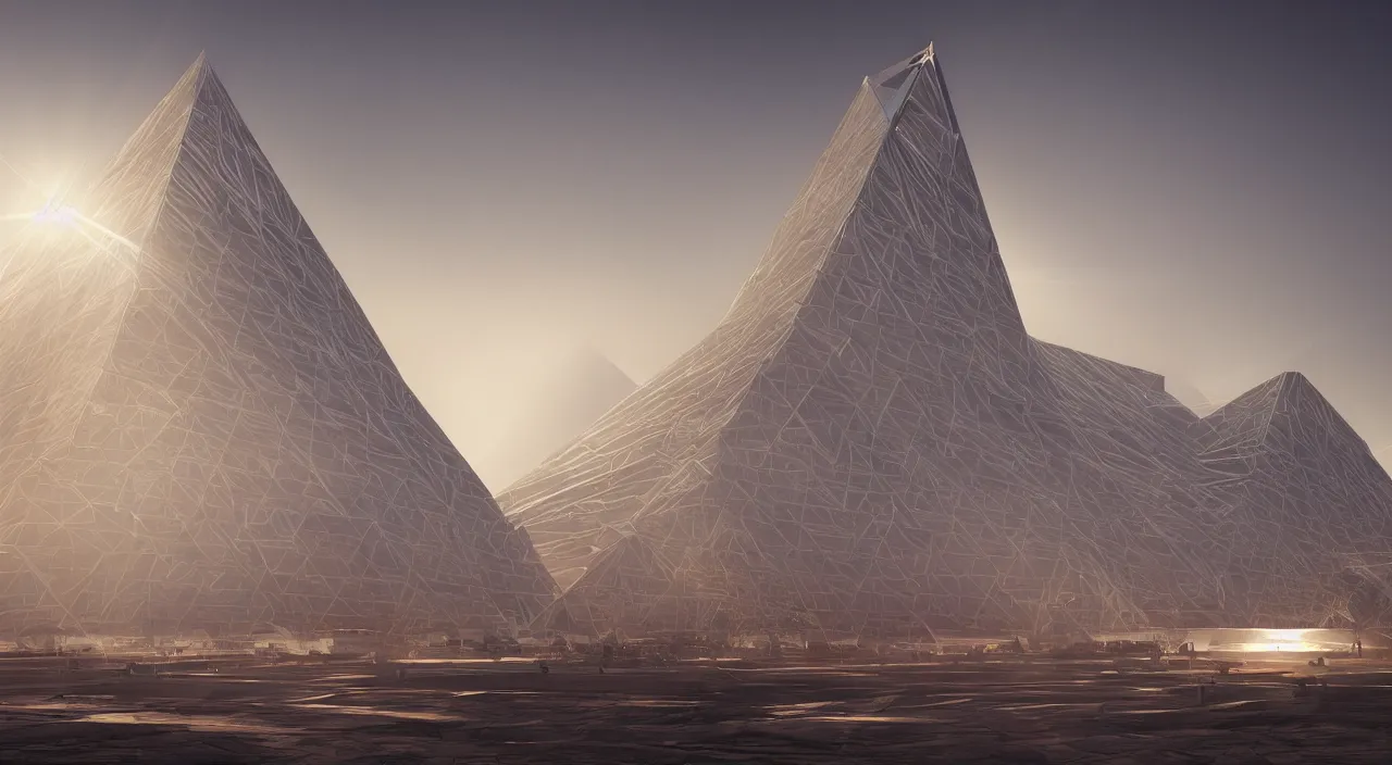 Image similar to ancient megastructure pyramid, parametric lattice structure by syd mead, photorealistic, zaha hadid, god rays, volumetric lighting, detailed, intricate, delicate, raytrace, octane, light fog, neon, bladerunner