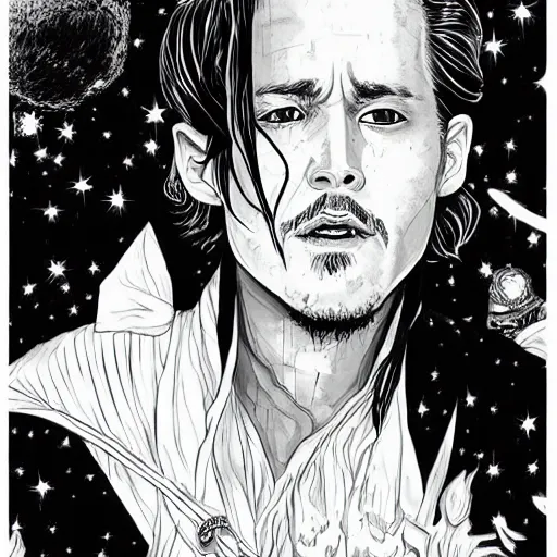 Image similar to black and white pen and ink!!!!!!! Johnny Depp x Ryan Gosling wearing cosmic space robes made of stars final form flowing royal hair golden!!!! Vagabond!!!!!!!! floating magic swordsman!!!! glides through a beautiful!!!!!!! Camellia flower battlefield dramatic esoteric!!!!!! Long hair flowing dancing illustrated in high detail!!!!!!!! by Moebius and Hiroya Oku!!!!!!!!! graphic novel published on 2049 award winning!!!! full body portrait!!!!! action exposition manga panel black and white Shonen Jump issue by David Lynch eraserhead and beautiful line art Hirohiko Araki!! Rossetti, Millais, Mucha, Jojo's Bizzare Adventure