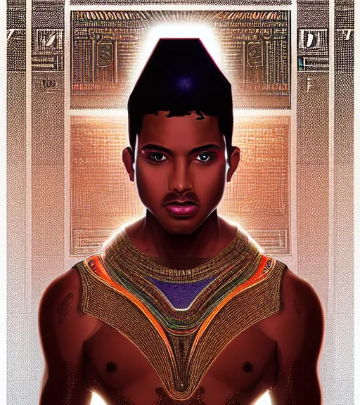 Image similar to symmetry!! egyptian prince of technology, solid cube of light, hard edges, product render retro - futuristic poster scifi, lasers and neon circuits, brown skin man egyptian prince, intricate, elegant, highly detailed, digital painting, artstation, concept art, smooth, sharp focus, illustration, dreamlike, art by artgerm