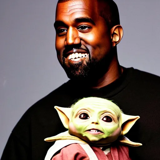 Image similar to kanye west smiling and holding holding babyyoda for a 1 9 9 0 s sitcom tv show, studio photograph, portrait c 1 2. 0