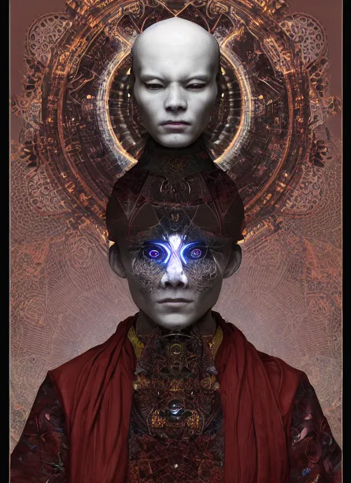 Prompt: portrait of a meditating cyberpunk monk cyborg with headpiece, imari, fractal, in the style of ghosts in the shell, intricate ornaments, elegant, highly detailed, digital photography, subsurface scattering, by jheronimus bosch and greg rutkowski,