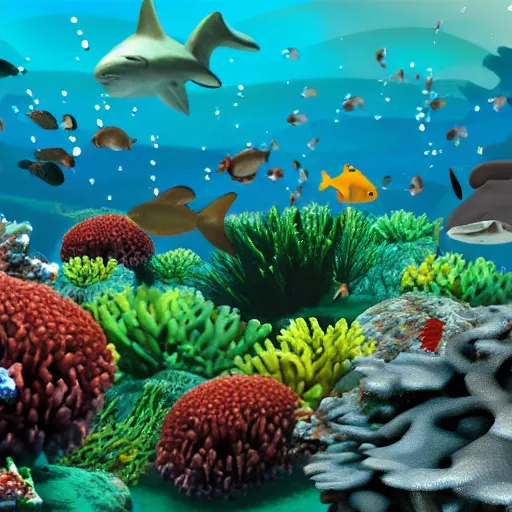 Image similar to coral reef with fish and sharks hyper realistic, volumetric lighting cinematic shadows