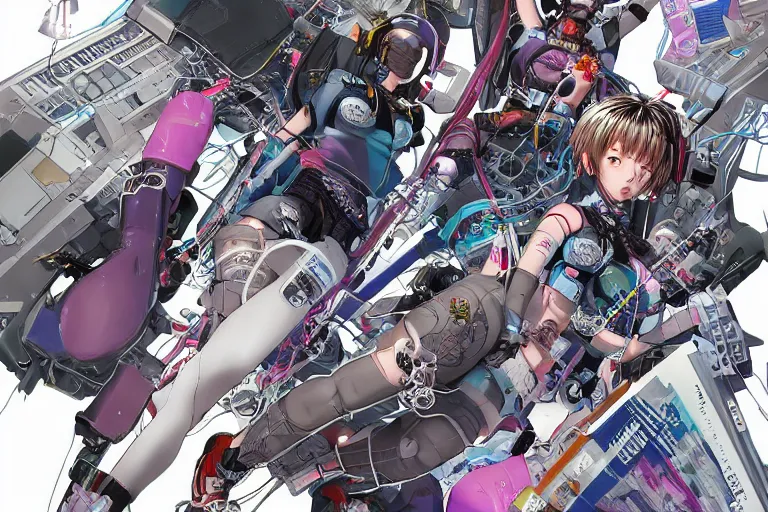 Prompt: a cyberpunk illustration of a group of four super-coherent female androids dressed in seifuku in style of masamune shirow, lying scattered across an empty, white floor with their bodies rotated in different poses and cables and wires coming out, by yukito kishiro and katsuhiro otomo, hyper-detailed, intricate, view from above, colorful