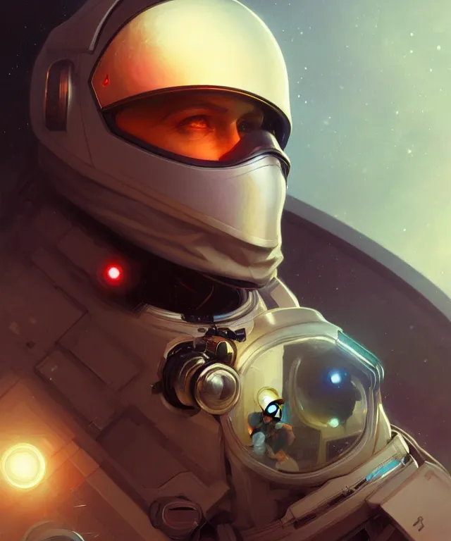 Image similar to Hacker spaceman portrait, highly detailed, digital painting, artstation, concept art, smooth, sharp focus, illustration, art by artgerm and greg rutkowski and alphonse mucha