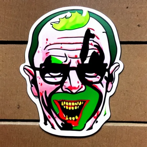 Image similar to die cut sticker, walter white laughing like the joker, splatter paint