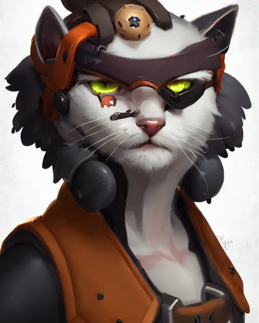 Prompt: overwatch concept art character portrait of a new character who is an elderly kitten with a scarred face and long mustache and eyepatch, trending on artstation, cgsociety,
