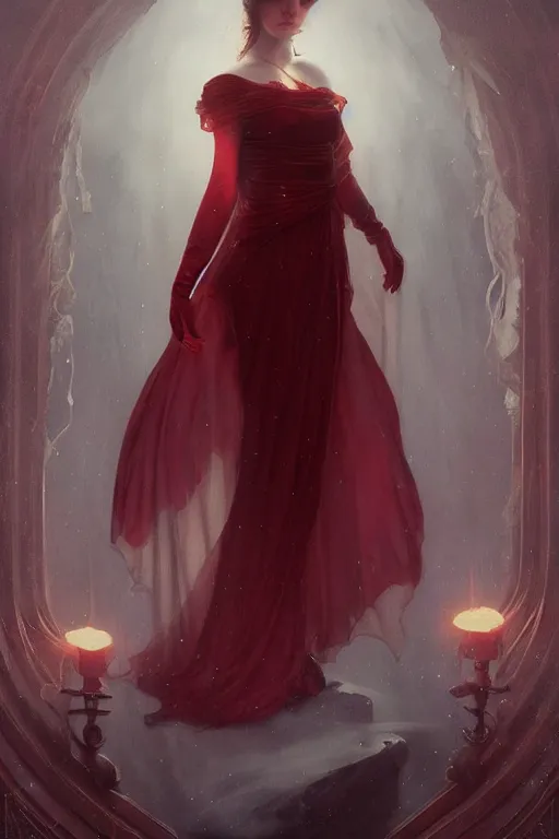 Image similar to a dark fantasy world, glowing, stars, a long-legged elegant evil woman, mysterious, ethereal, dressed in red velvet, haute couture, illustration, dramatic lighting, soft details, painting, by Edmund Blair Leighton, Brom, Charlie Bowater, trending on artstation, faces by Tom Bagshaw, Sargent